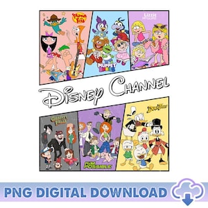 May include: A digital download graphic featuring Disney Channel cartoon characters from shows like Phineas and Ferb, Muppet Babies, Lizzie McGuire, Gravity Falls, Kim Possible, and DuckTales. The Disney Channel logo is also present.