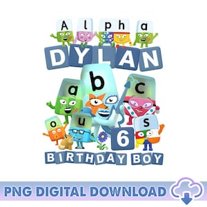May include: A vibrant digital design with the name "Dylan" in blue letter blocks, and the word "Alpha" above. Animated letter characters surround the name, with the text "Birthday Boy" below and the number "6".