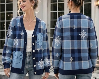 Cárdigan Spheal Pokemon Plaid Flurry, suéter de punto de anime adorable, cárdigan con estética kawaii a cuadros azules, regalo de Navidad para ella.