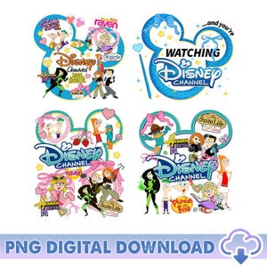May include: A digital download graphic featuring four Disney Channel designs. Each design includes the Disney Channel logo and characters from popular shows like Hannah Montana, Phineas and Ferb, and The Suite Life. The text "PNG DIGITAL DOWNLOAD" is at the bottom.