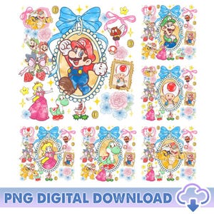 May include: A digital download featuring six designs with Mario characters. Each design includes a character portrait framed by a blue bow, surrounded by flowers, coins, and other characters. The text "PNG DIGITAL DOWNLOAD" is at the bottom.