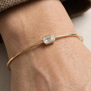 East West Emerald Cut Bezel Set Solitaire Bangle Bracelet 18K Yellow Gold Lab Diamond Cuff Bracelet Minimalist Jewelry Birthday Gift for Her