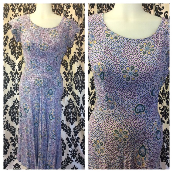 LOVELY IN LAVENDER 1940/50s Folk art print rayon w