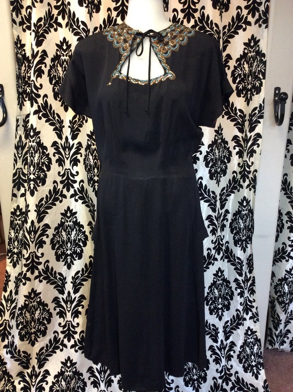 Black 40's Rayon Dress with Turquoise &Sequin Trim