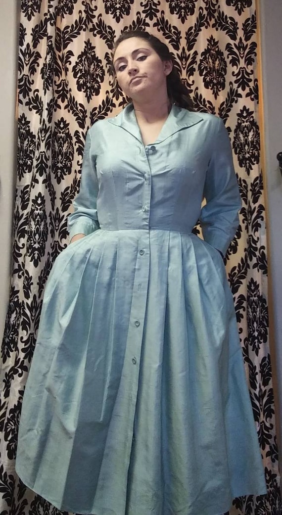 50s Seafoam Blue Silk Dress with Belt!