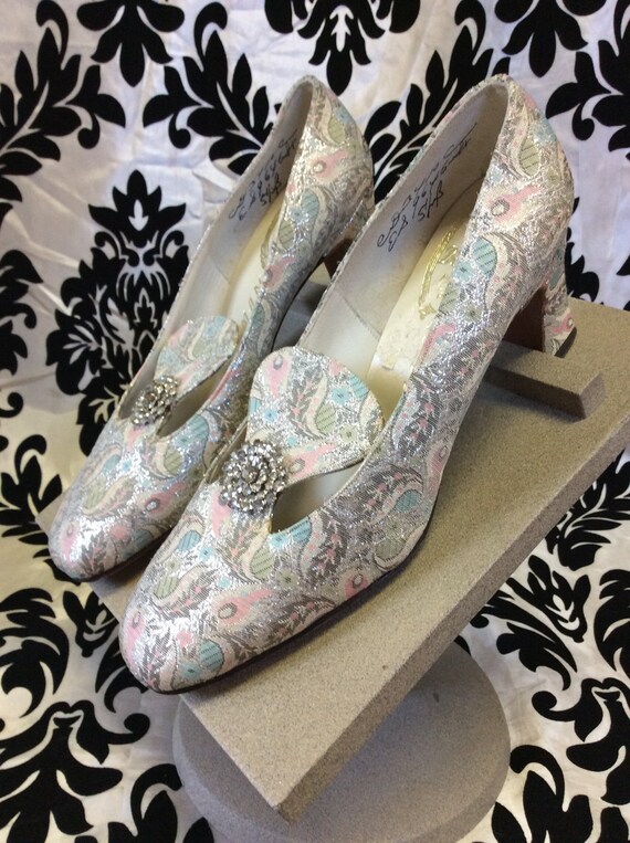 60's Metallic Brocade Heels with Rhinestones