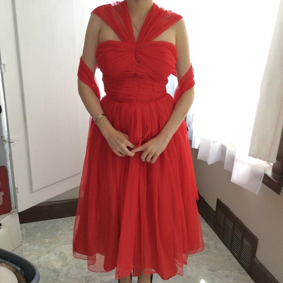 50's Cherry Red Chiffon Party Dress