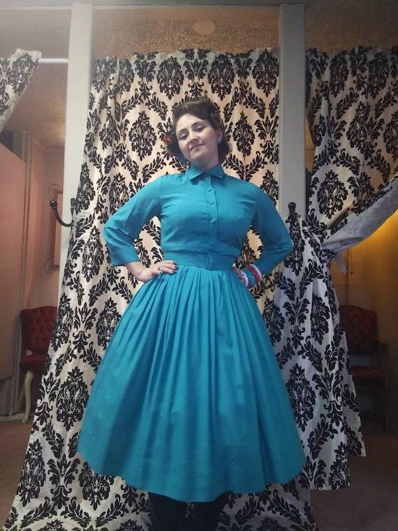50s Silk Turquoise Shirt Dress