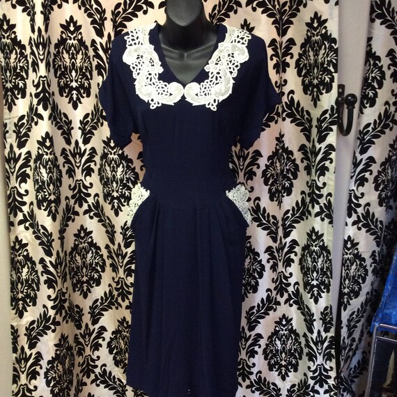 1940's Navy Cream Rayon Blend Dress