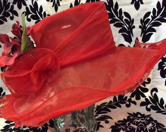 1960's Sheer Red Sunhat W/ Floral Details