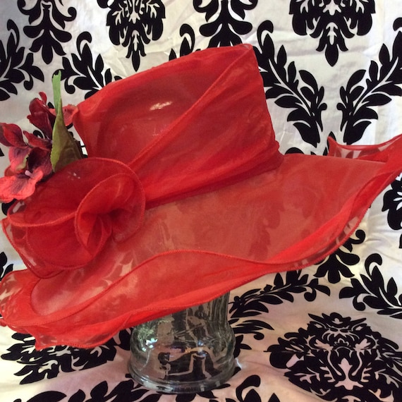 1960's Sheer Red Sunhat W/ Floral Details