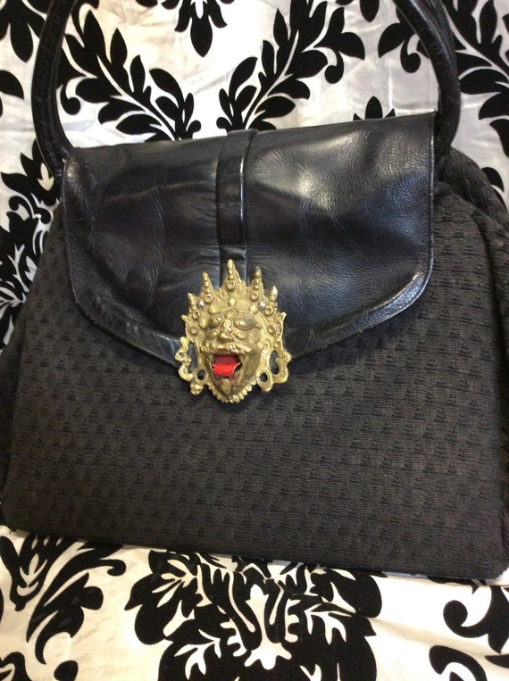 Stunning 1940's Black Purse with Gold Aztec Accent