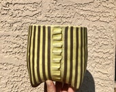 Yellow on Red Clay Lines Ceramic Planter (Small Tall), Succulent Planter, Cactus Planter, Herb Pot, Flower Pot