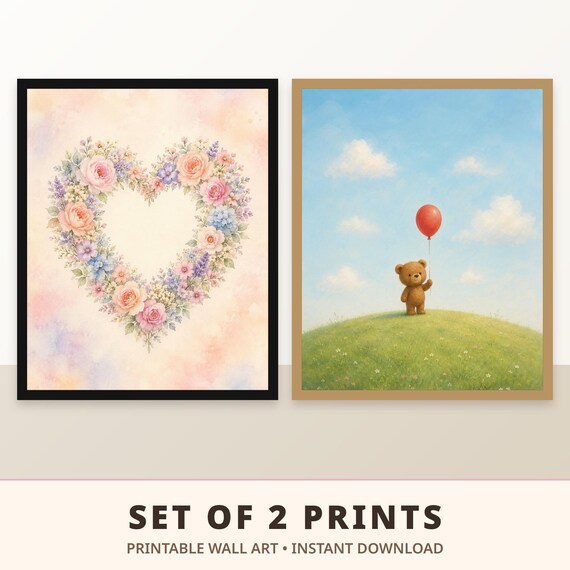 Watercolor Floral Heart Wreath and Teddy Bear Prints ()