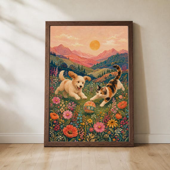 Painterly Dog and Cat Playing Print