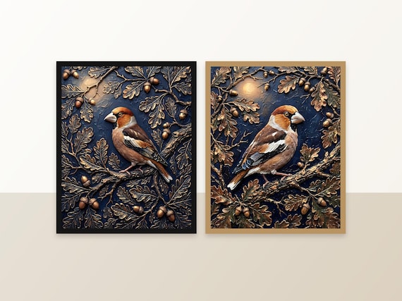 Set of 2 Abstract Hawfinch Bird Sculptural Impasto