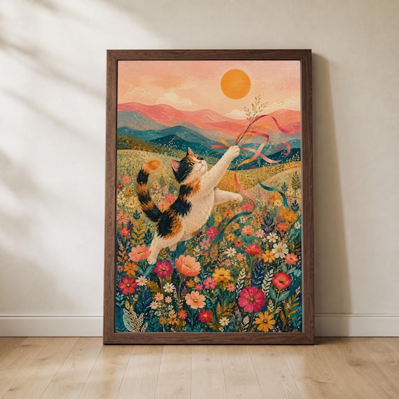 Painterly Calico Cat Playing Ribbons Print