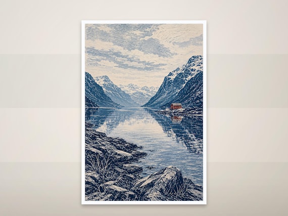 Mountain Lake Cabin Print Minimalist Landscape Scandinavian
