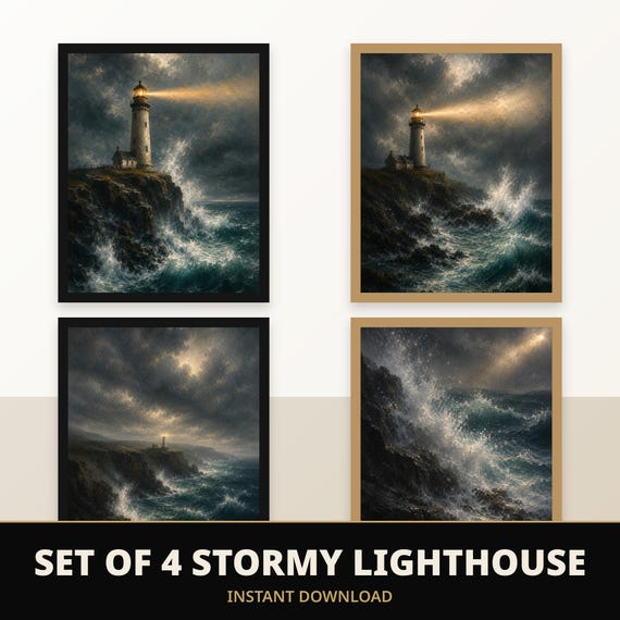 Set of 4 Stormy Lighthouse Prints
