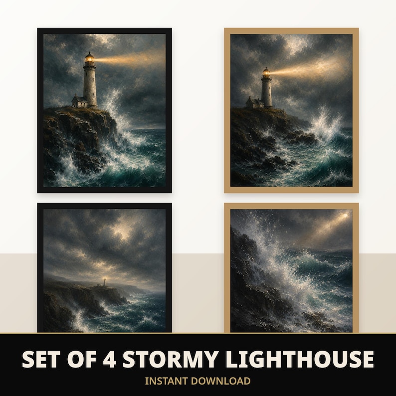 Set of 4 Stormy Lighthouse Prints — printable wall art
