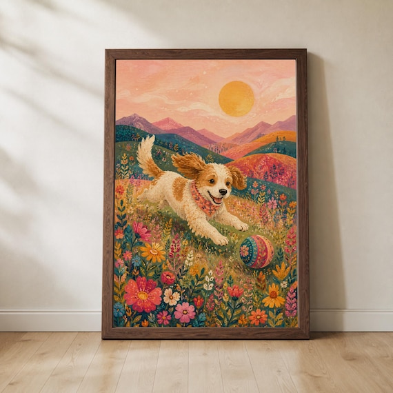 Painterly Happy Dog Playing Ball Print