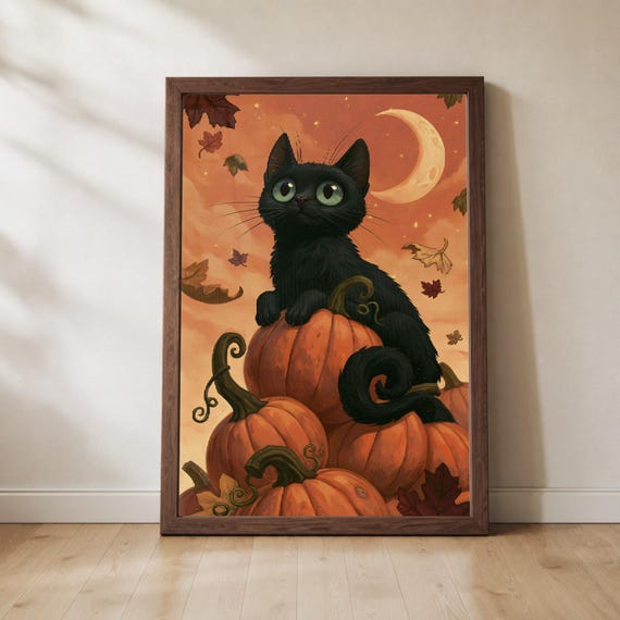 Set of 2 Black Cat Pumpkins Prints