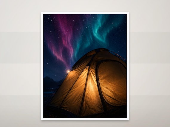 Set of 4 Camping Tent Aurora Borealis Prints