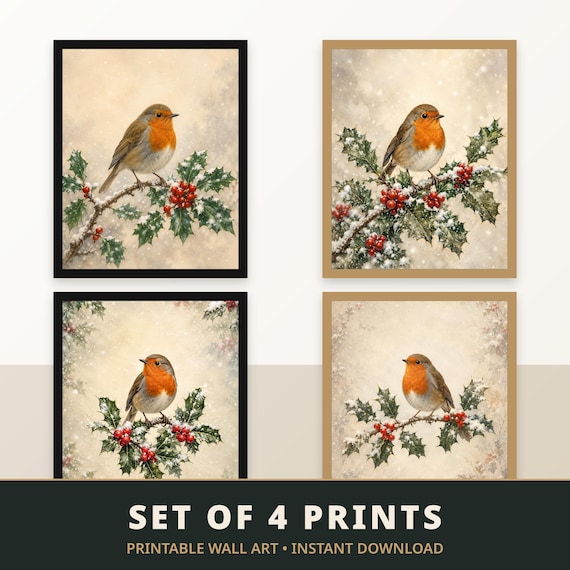 Set of 4 Robin Holly Branch Prints