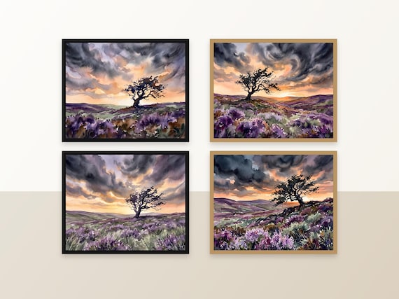 Set of 4 Solitary Tree Against Cloudy Sky Over Purple Heather Moorland