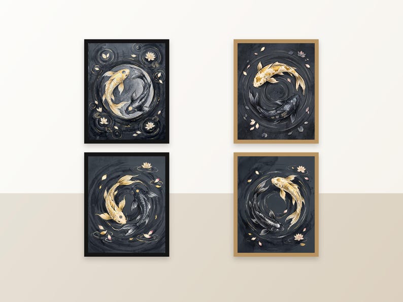 Set of 4 Koi Fish Yin Yang Prints — printable wall art