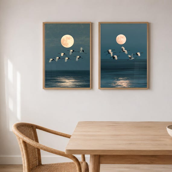 Set of 2 Flock Cranes And Moon Prints