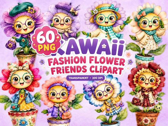 Kawaii Fashion Flower Friends Clipart Bundle