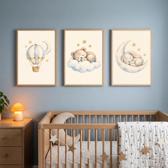 Set of 3 Hot Air Balloon Moon Prints — printable wall art