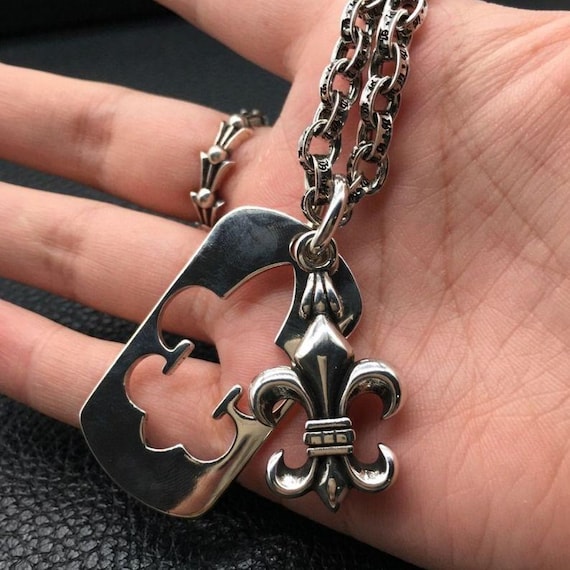 Sterling Silver Fleur De Lis Cutout Dog Tag Pendant Necklace, Gothic Biker Jewelry for Men & Women, Medieval Cross Charm Gift,