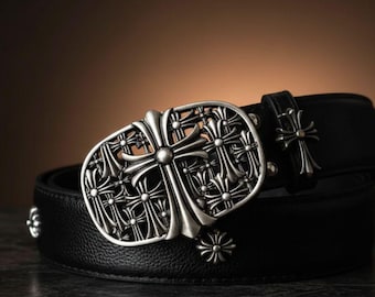 Gothic Cross Gürtel - Antike Silber Statement Schnalle, Punk Biker Style Riemen