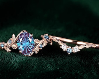 Ovaal vuurwerk gesneden alexandriet verlovingsring set 14k bladgoud tak trouwringen voor vrouwen alexandriet jubileum ring geschenken