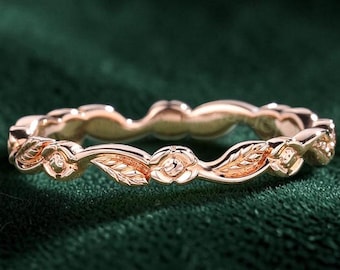 Vintage Solid gold wedding band Unique 14k rose gold wedding band women Floral ring matching Stackable ring Simple Anniversary gift for her