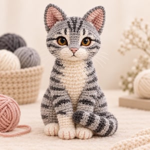 Könnte beinhalten: Eine handgefertigte Häkel-Katzenfigur mit grau-weiß gestreiftem Fell, großen bernsteinfarbenen Augen, einer kleinen rosa Nase und spitzen Ohren mit rosa Innendetails. Die Katze sitzt aufrecht mit dem Schwanz nach vorne gerollt.