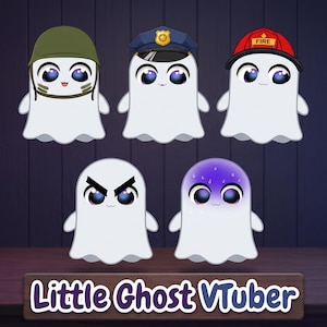 Puede incluir: Cinco personajes fantasma blancos con grandes ojos morados. La fila superior presenta fantasmas con un casco verde oliva, una gorra de policía azul y un casco de bombero rojo. La fila inferior muestra un fantasma enojado y uno con la cabeza morada.