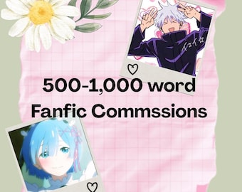 May include: A pink grid-patterned paper background featuring a white daisy, a green leaf, and two polaroid-style frames. One frame shows an anime character with white hair making a peace sign, and the other shows a blue-haired anime character. Text reads 500-1,000 word Fanfic Commsions.
