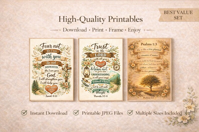 Set of 3 Christian Bible Verse Prints, Neutral Faith Wall Art (digital ...