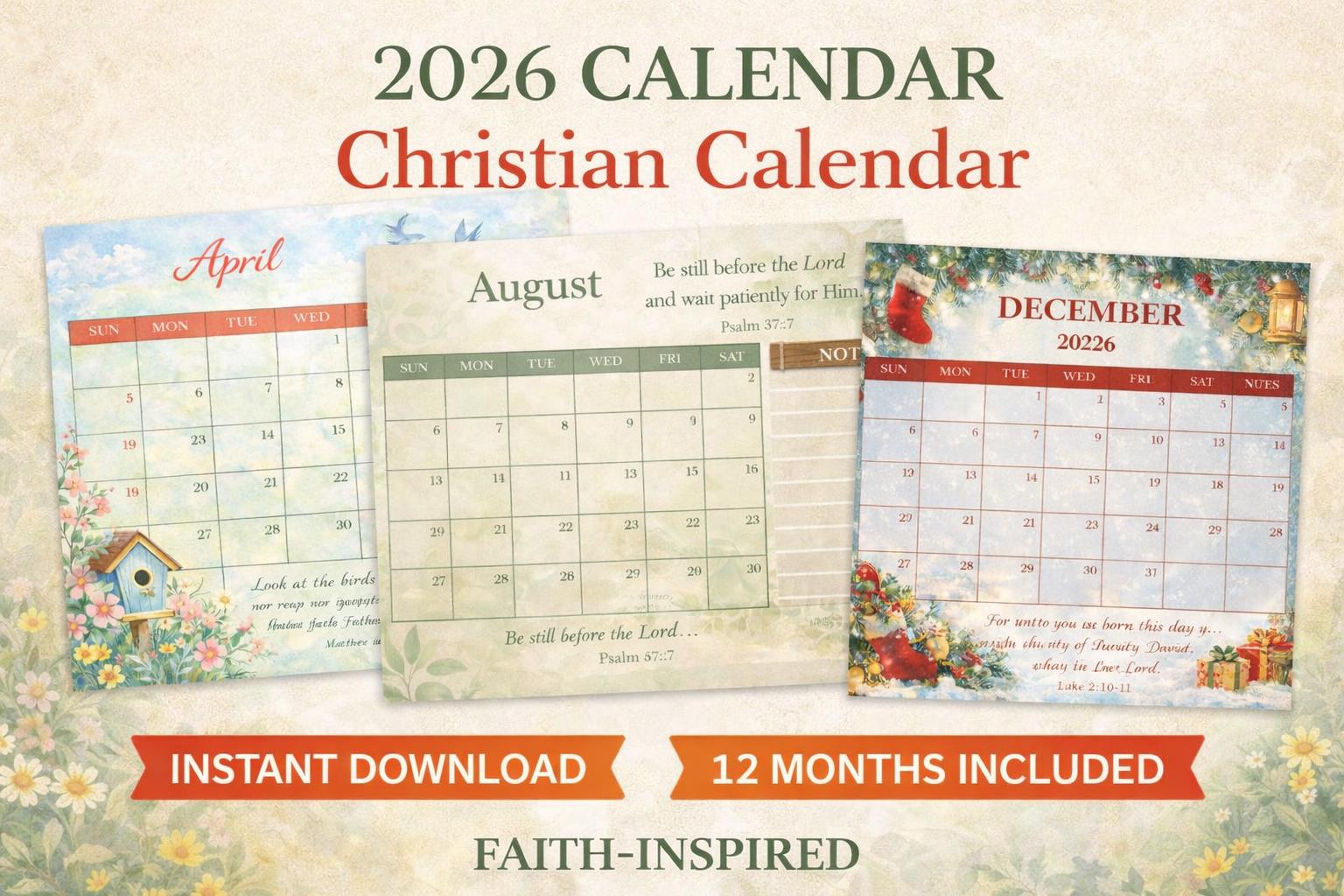 2026 Christian Calendar Printable | Faith Bible Verse Wall Calendar ...