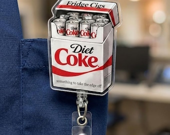 Funny Diet Coke Badge Reel, Fridge Cigs Retractable ID Badge Holder , Cute Acrylic Soda Lover Name Tag Clip, Medical Office Humor Gift