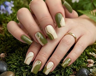 Forest Green Cream Gold Vein Press On Nails | Abstract Earthy False Nails