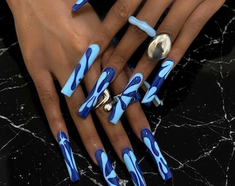 Abstract Blue Swirl Press On Nails | Extra Long Square Y2K Gel Nails
