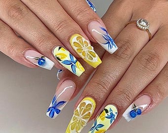 Handmade Lemon Blueberry Press On Nails: Mediterranean Tile Summer Fruit Style