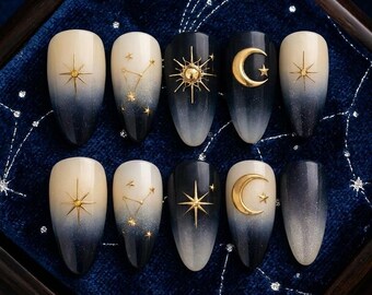 Celestial Ombre Almond Press On Nails | Gold Sun Moon Stars (Handmade)