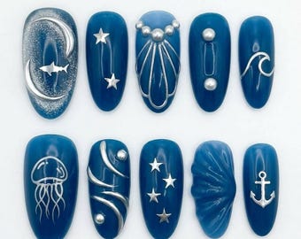 Ocean Blue Nautical Press On Nails | Silver Chrome Sea Creature Almond Nails