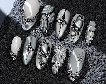 Futuristic Chrome Press On | Liquid Metal Almond False Nails | Cyberpunk Grey 3D