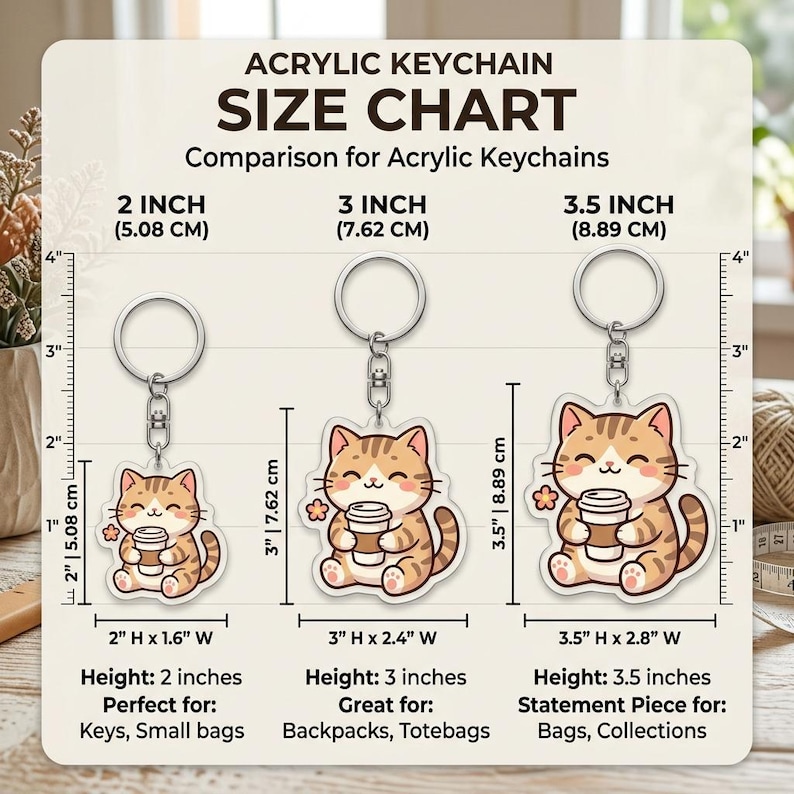 May include: Acrylic keychain size chart featuring three cat designs holding coffee cups. The keychains are 2, 3, and 3.5 inches tall. The chart includes measurements in inches and centimeters, with text that reads "Acrylic Keychain Size Chart".